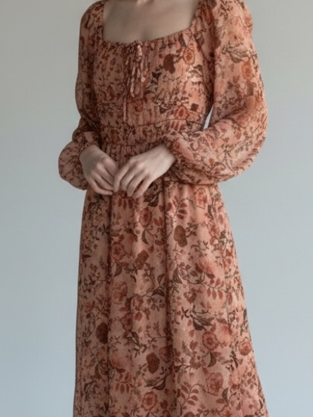 Lush fall floral  midi dress puff sleeves rose cottagecore sheer feminine garden